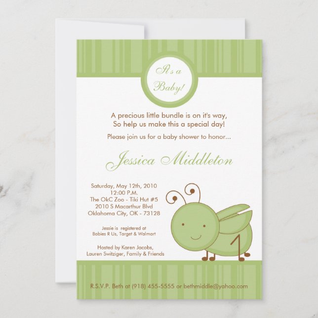 5x7 Spring Grasshopper Baby Shower Invitation (Front)
