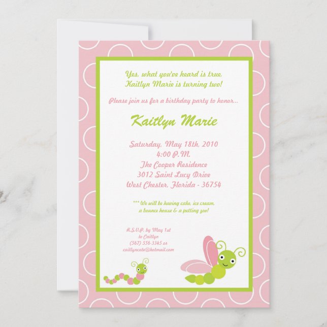 5x7 Spring Insect Worm Birthday Party Invitation (Front)