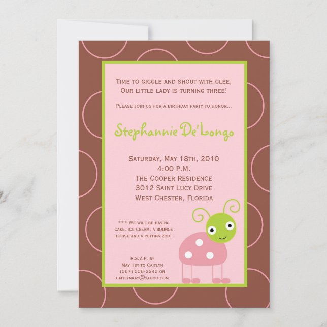 5x7 Spring Pink Lady Bug Birthday Party Invitation (Front)