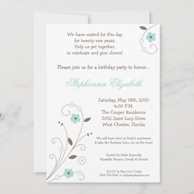 5x7 Spring Time Blue Flower Birthday Invitation (Front)