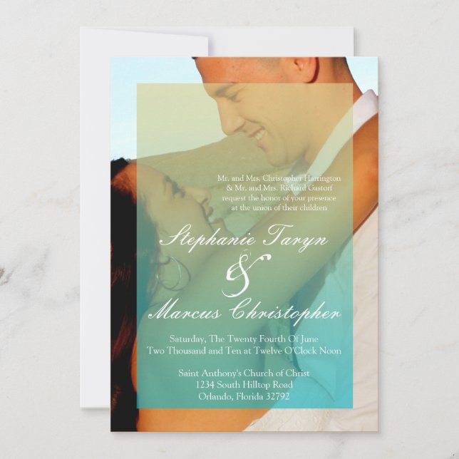 5x7 Sunset Fade Teal Blue Tan Wedding Invitation (Front)