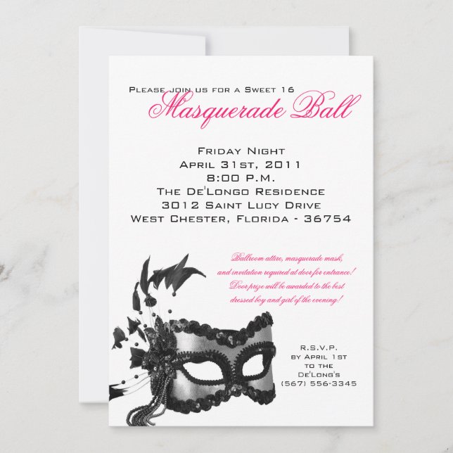 5x7 Sweet 16 Masquerade Ball Birthday Invitation (Front)