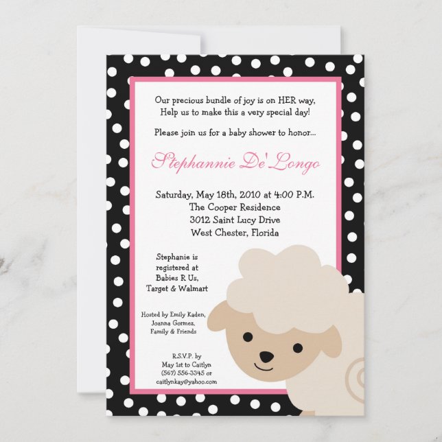 5x7 Sweet Pink Farm Sheep Baby Shower Invitation (Front)