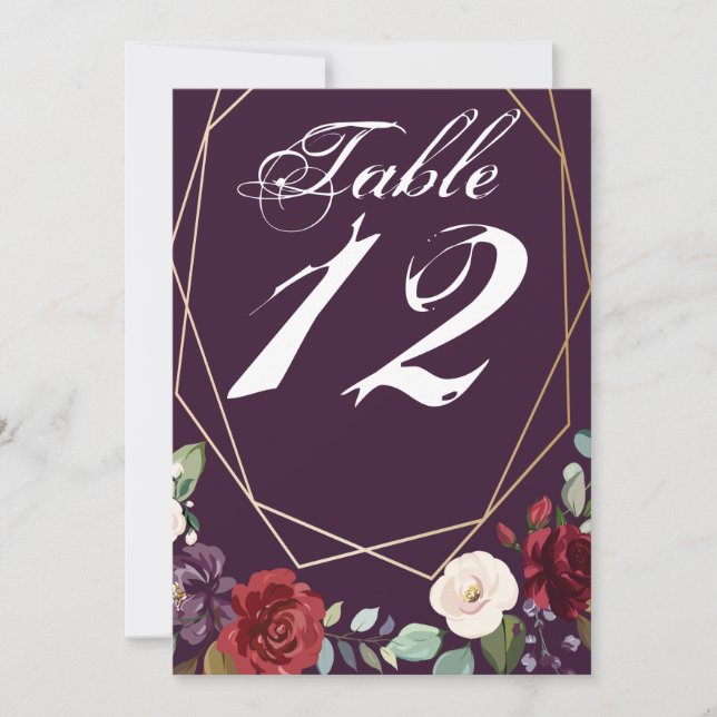 5x7 Table Number Card Plum Purple Roses Gold Geome (Front)