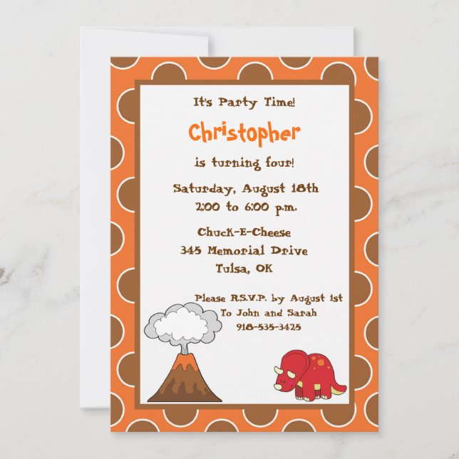 5x7 Tan Polkadot Dinosaur Birthday Invite (Front)