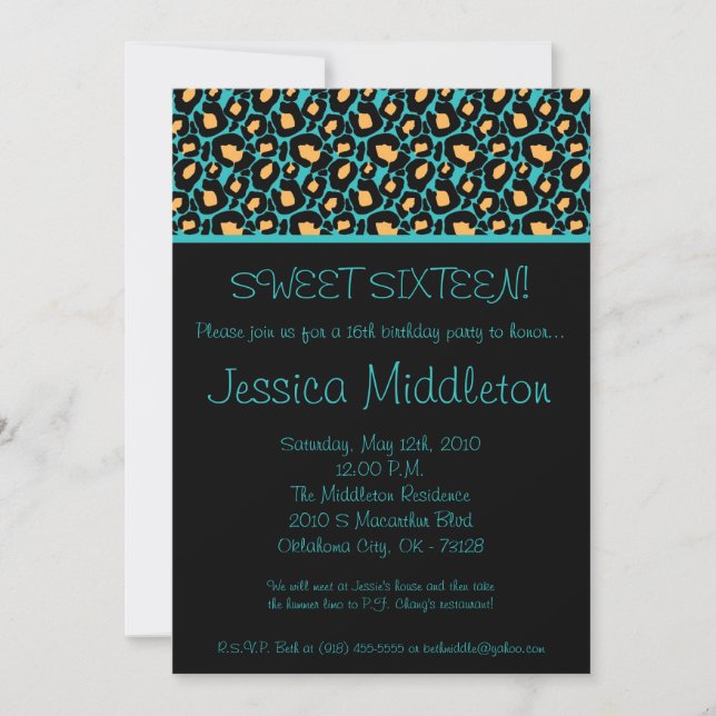 5x7 Teal Cheetah Print 16th Birthday Invitation (Front)