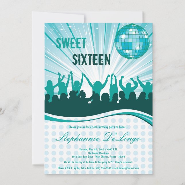 5x7 Teal Dance Party 16th Birthday Invitation (Front)