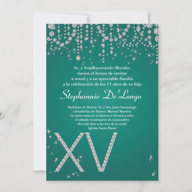 5x7 Teal Diamond Quinceanera Birthday Invitation (Front)