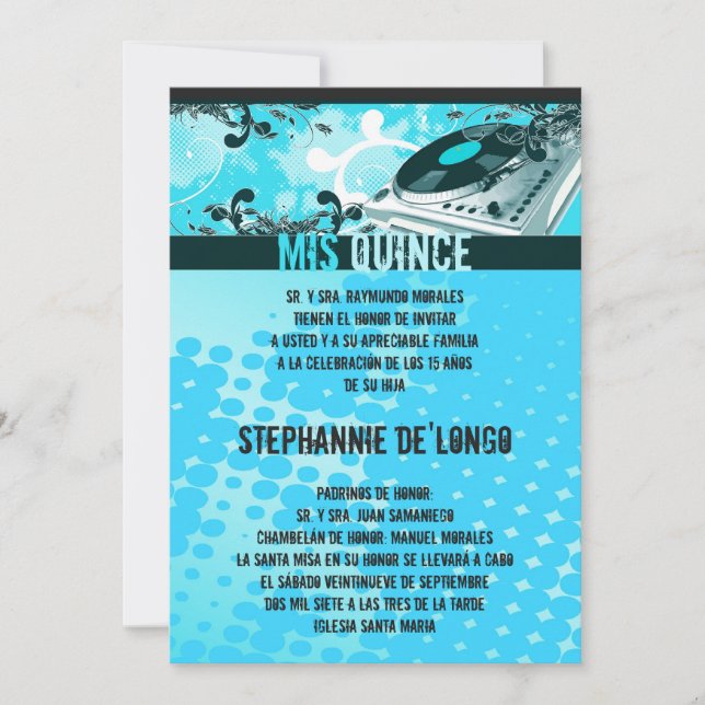 5x7 Teal DJ Turntable Quinceanera Invitation (Front)