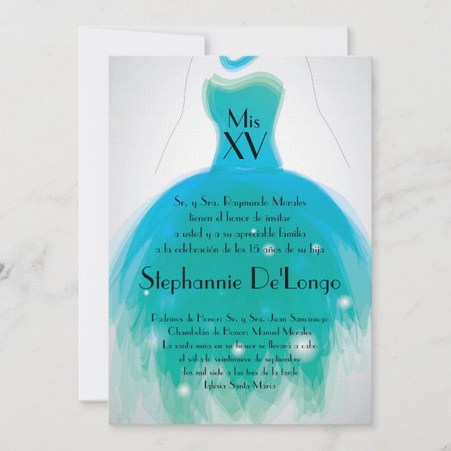 5x7 Teal Dress Quinceanera Birthday Invitation (Front)