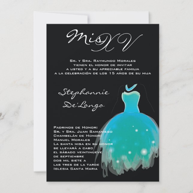 5x7 Teal Dress Quinceanera Birthday Invitation (Front)