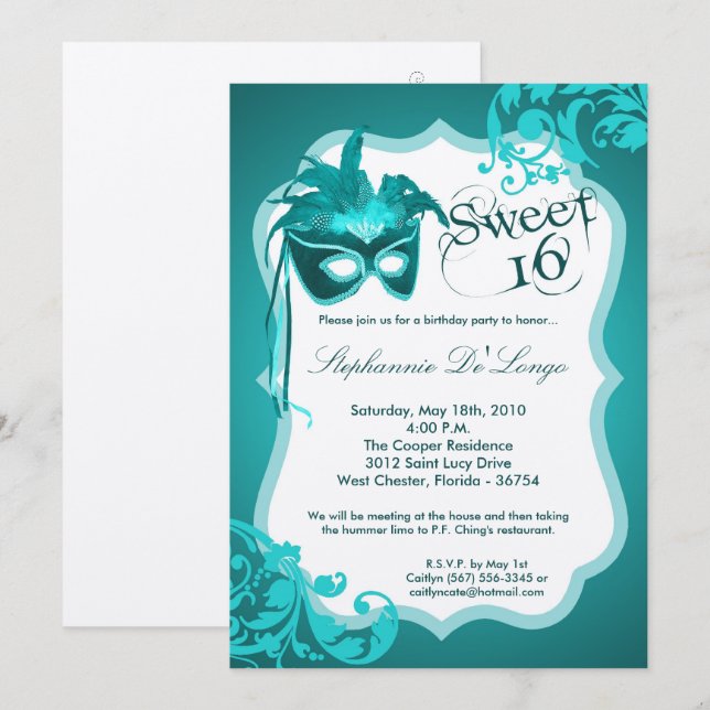 5x7 Teal Masquerade Mask 16 Birthday Invitation (Front/Back)
