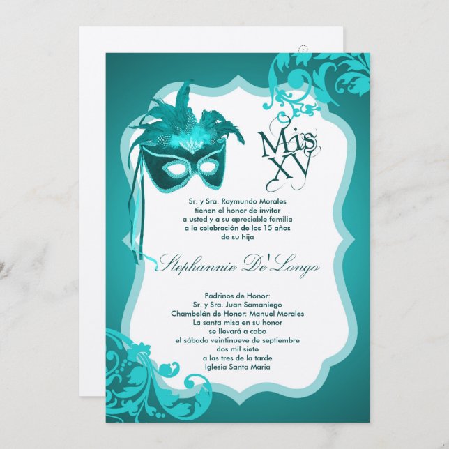 5x7 Teal Masquerade Mask Quinceanera Invitation (Front/Back)