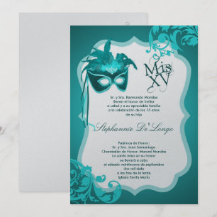 5x7 Teal Masquerade Mask Quinceanera Invitation