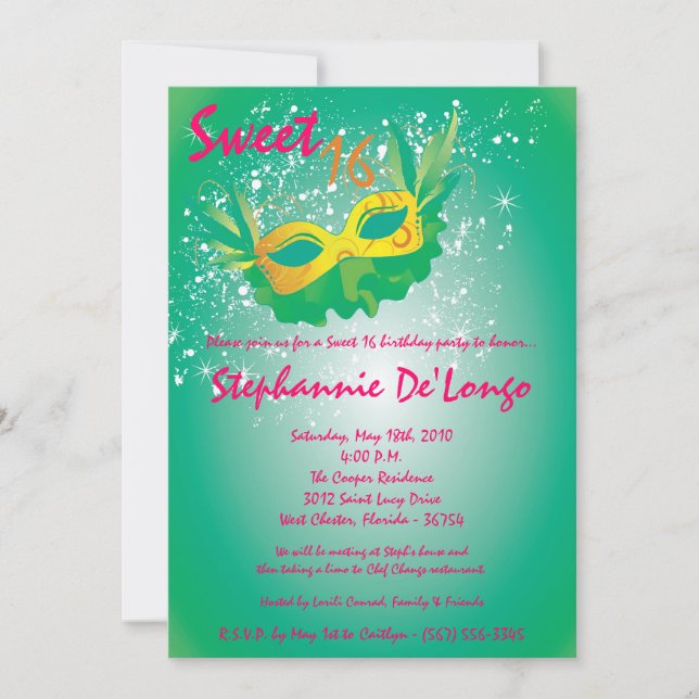 5x7 Teal Masquerade Sweet 16 Birthday Invitation (Front)