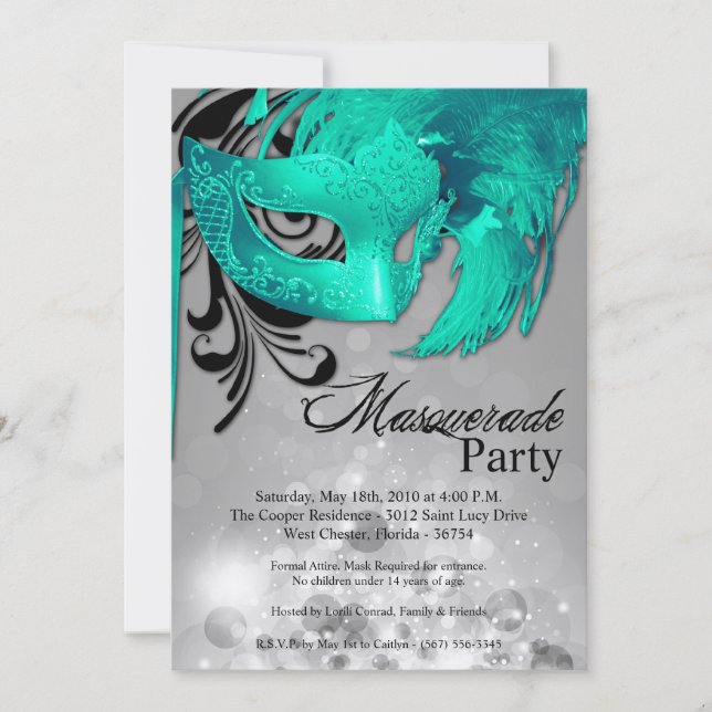 5x7 Teal Masquerade Sweet 16 Birthday Invitation (Front)
