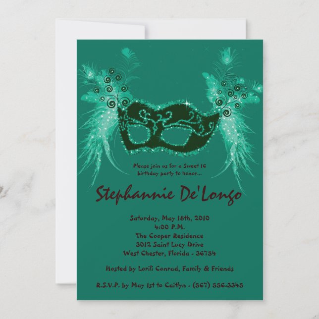 5x7 Teal Masquerade Sweet 16 Birthday Invitation (Front)