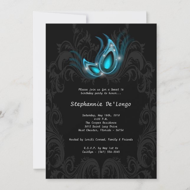 5x7 Teal Masquerade Sweet 16 Birthday Invitation (Front)