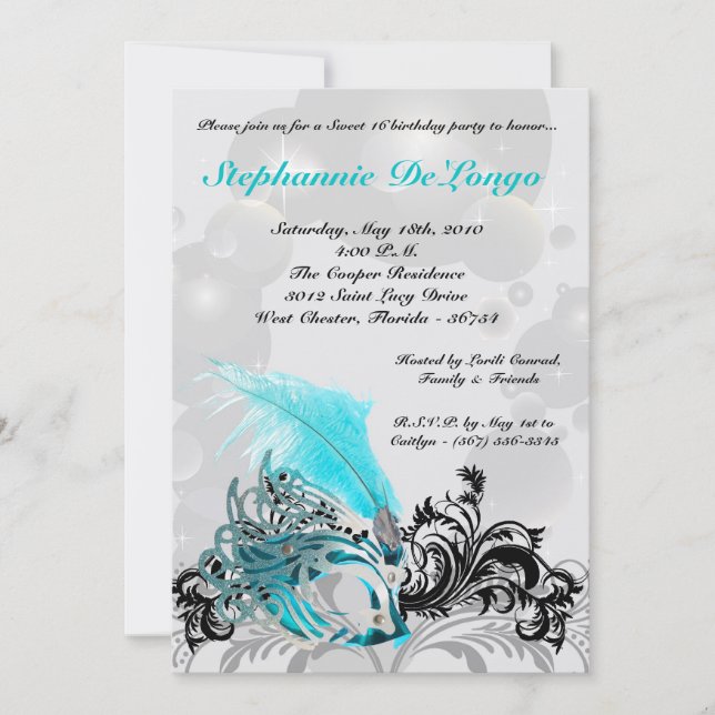 5x7 Teal Masquerade Sweet 16 Birthday Invitation (Front)