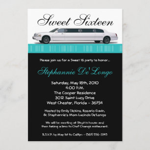 5x7 Teal Turquoi Limo Sweet 16 Birthday Invitation