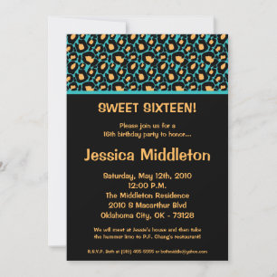 5x7 Teal Turquois Cheetah 16th Birthday Invitation