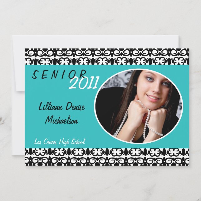 5x7 Teal Turquois Damask Photo Senior Announcement (Front)