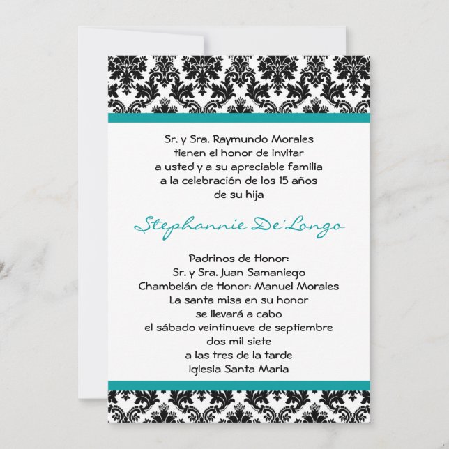 5x7 Teal Turquoise Damask Quinceanera Invitation (Front)