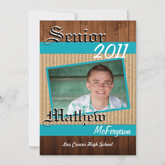 5x7 Teal Wood Planks Photo Senior Announcement (Front)