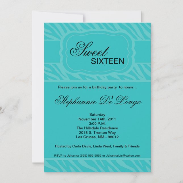 5x7 Teal Zebra Print Birthday Party Invitation (Front)