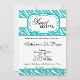 5x7 Teal Zebra Print Birthday Party Invitation