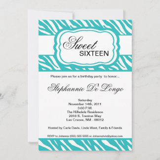 5x7 Teal Zebra Print Birthday Party Invitation