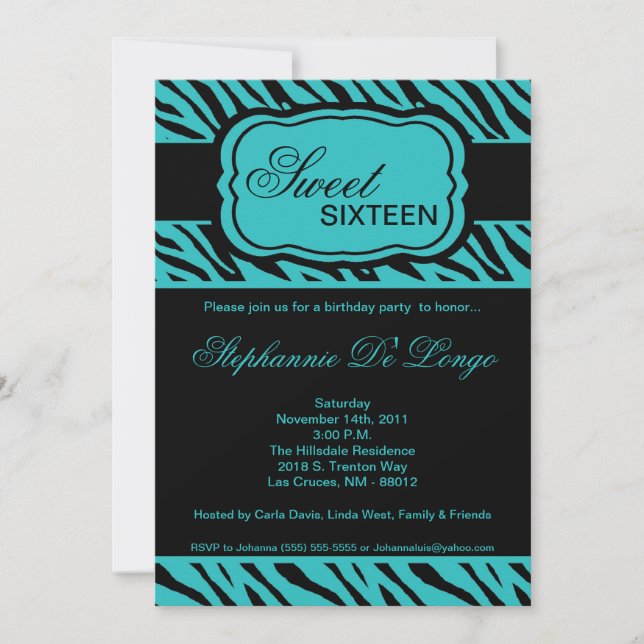5x7 Teal Zebra Print Birthday Party Invitation (Front)