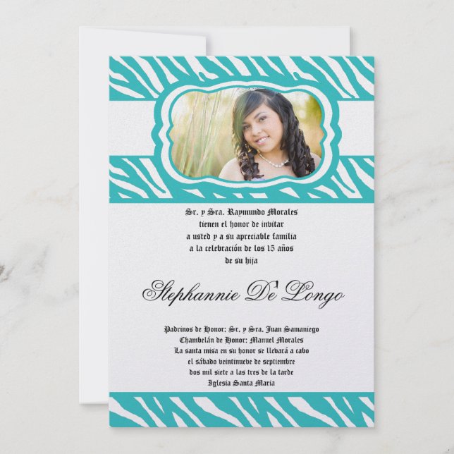 5x7 Teal Zebra Print Patter Quinceanera Invitation (Front)