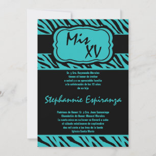 5x7 Teal Zebra Print Quinceanera 15 Invitation