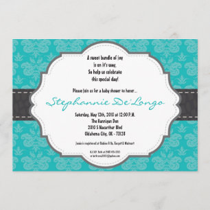 5x7 TealBlue Damask Cheetah Baby Shower Invitation