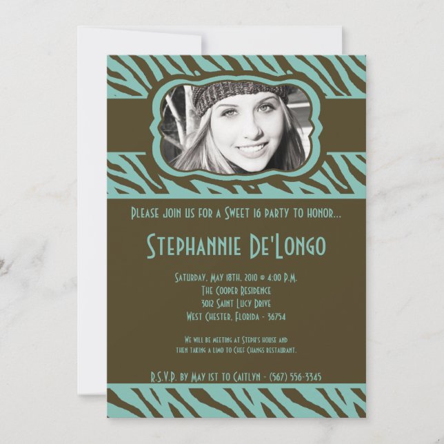 5x7 Tiff Zebra PHOTO Sweet 16 Birthday Invitation (Front)