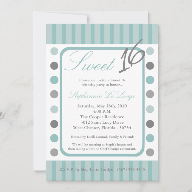 5x7 TiffanyBlue Polka Sweet 16 Birthday Invitation (Front)
