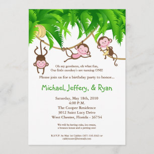 5x7 TRIPLET Monkey Jungl Birthday Party Invitation