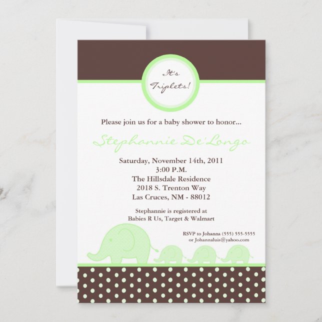 5x7 TRIPLETS Mod Elephant Baby Shower Invitation (Front)