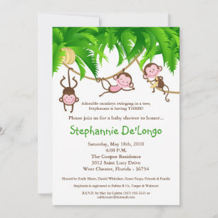 5x7 TRIPLETS Monkey Jungle Baby Shower Invitation