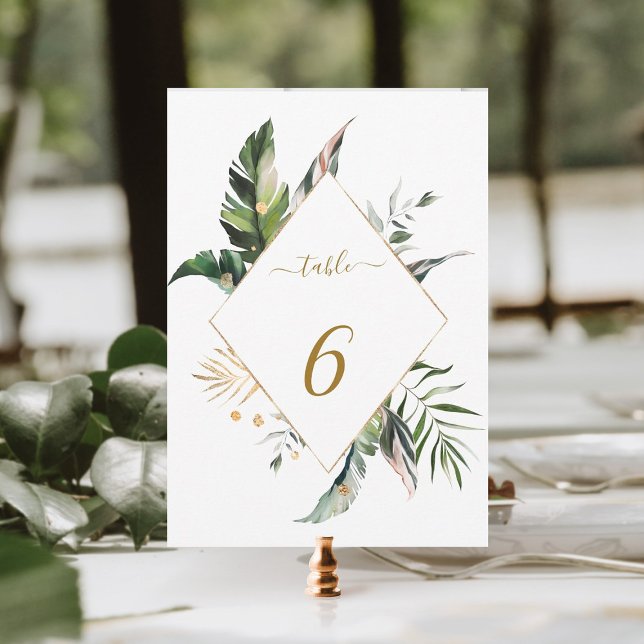 5x7 Tropical Foliage Gold Wedding Table Number (Creator Uploaded)