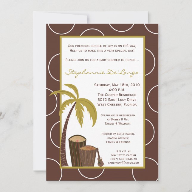 5x7 Tropical Hawaiian Drum Baby Shower Invitation (Front)