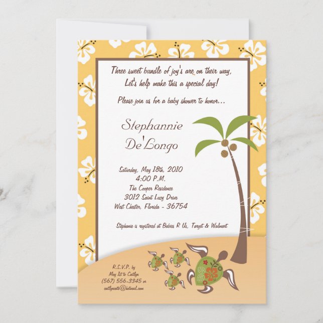 5x7 Tropical Turtle Mama TRIPLET Shower Invitation (Front)