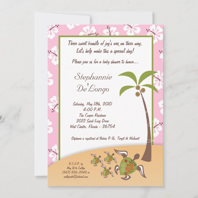 5x7 Tropical Turtle Mama TRIPLET Shower Invitation (Front)