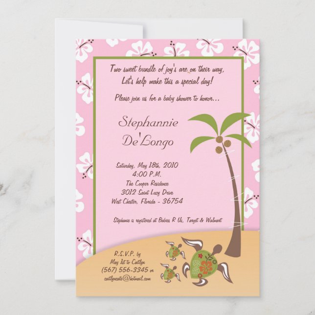 5x7 Tropical Turtle Mama TWINS Shower Invitation (Front)
