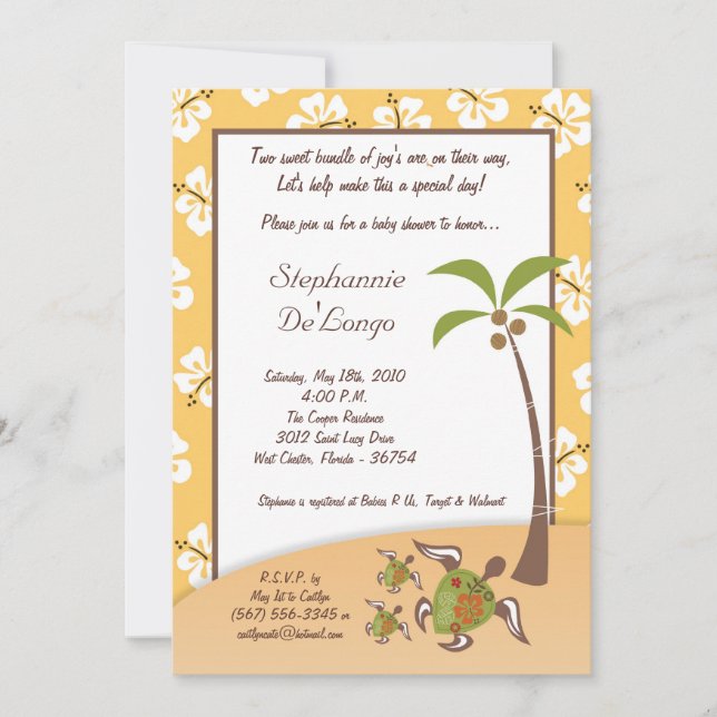 5x7 Tropical Turtle Mama TWINS Shower Invitation (Front)