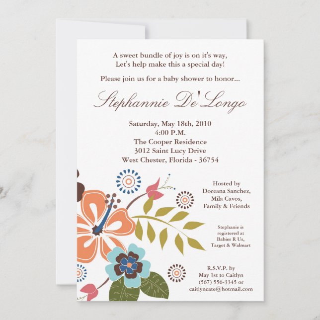 5x7 TropicalHawaiian Flower Baby Shower Invitation (Front)