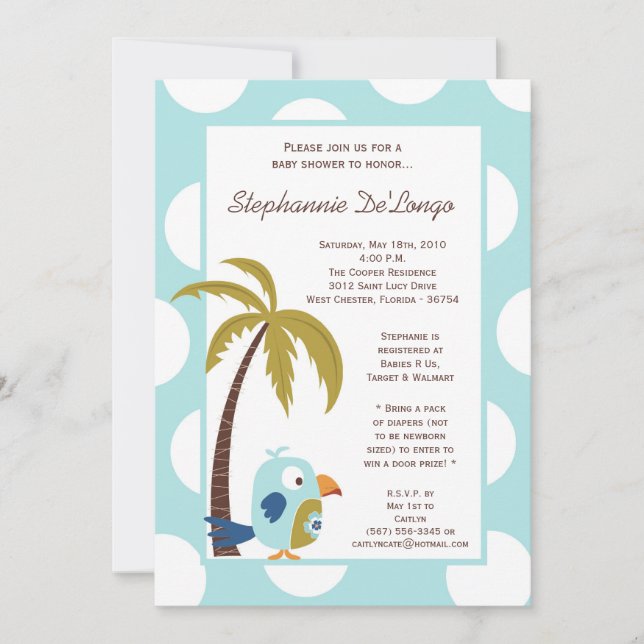 5x7 TropicalHawaiian Toucan Baby Shower Invitation (Front)