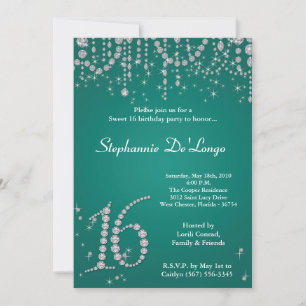 5x7 Turquoise Diamond Sweet 16 Birthday Invitation