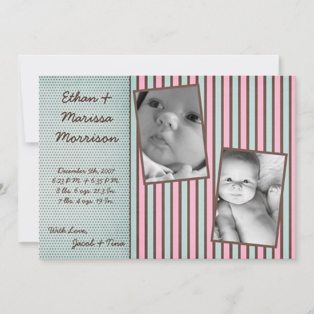 5x7 TWIN Blue Pink Stripe Photo Birth Announcement (Front)
